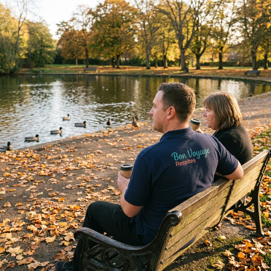 Bon Voyage Respites support worker and participant by the lake